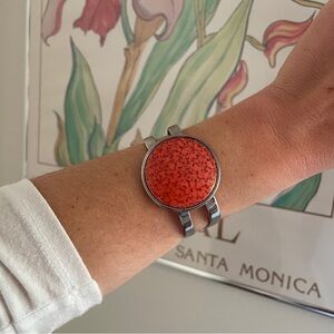 Vintage 70s Celebrity NY Silver Cuff Bracelet Coral Marble Stone Boho Hippie 60s